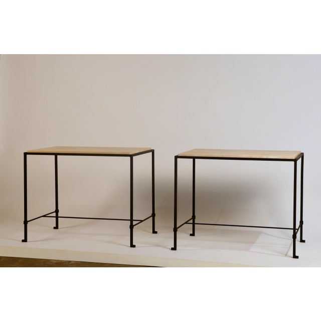 Black 'Diagramme' Wrought Iron and Travertine Side Tables by Design Frères - a Pair For Sale - Image 8 of 9