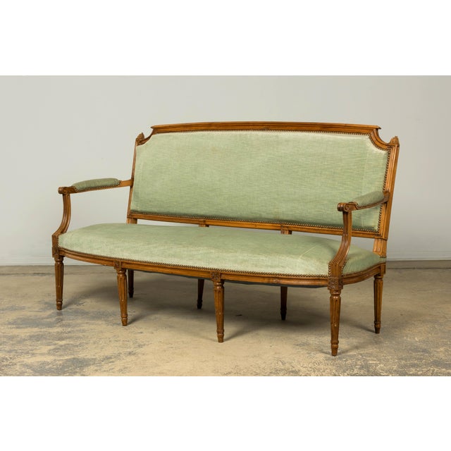 Celadon 18th Century French Louis XVI Walnut Settee With Celadon Velvet For Sale - Image 8 of 18