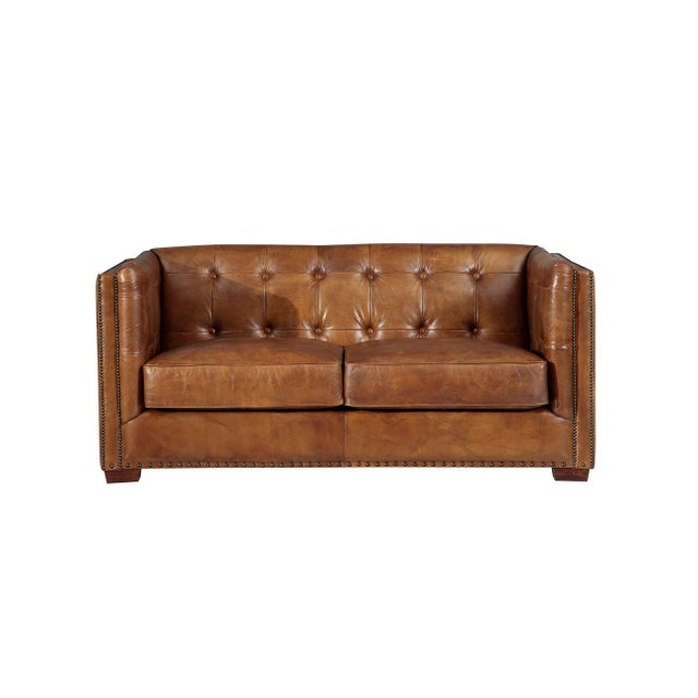 Italian Tuxedo Leather Love Seat - Light Brown For Sale - Image 3 of 7