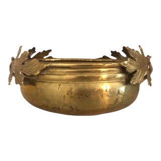 Vintage Hammered Brass Bowl With Oak Leaf Motif For Sale