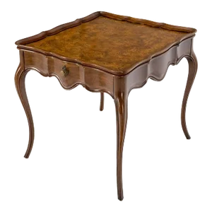 Baker Burl Wood Square One Drawer Cabriole Leg Side End Table Gallery Top