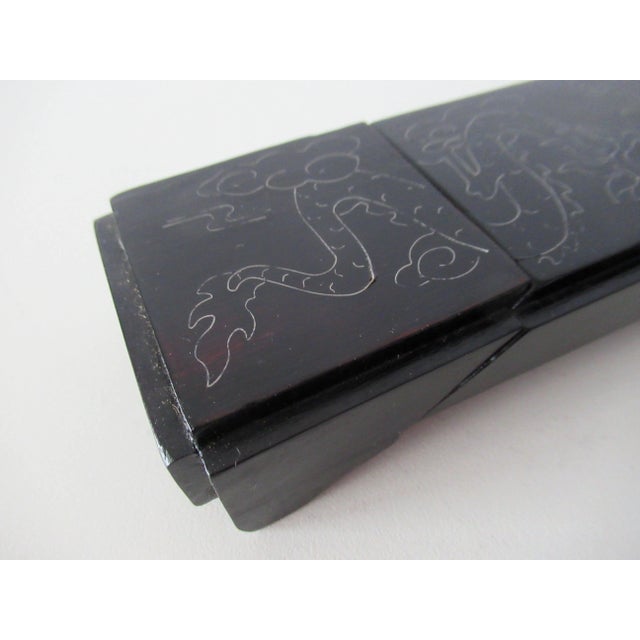 Wood Circa 1991 Chinese Carved Boxed Set of 16 Chopsticks & Wood Carved Holder/Carrier Case With Inlaid Silver Dragon Motif Detail For Sale - Image 7 of 13