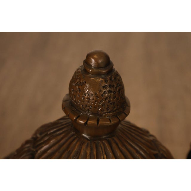 Neoclassical Style Large Pair Of Cast Bronze Covered Urns With Figural Relief For Sale - Image 4 of 18