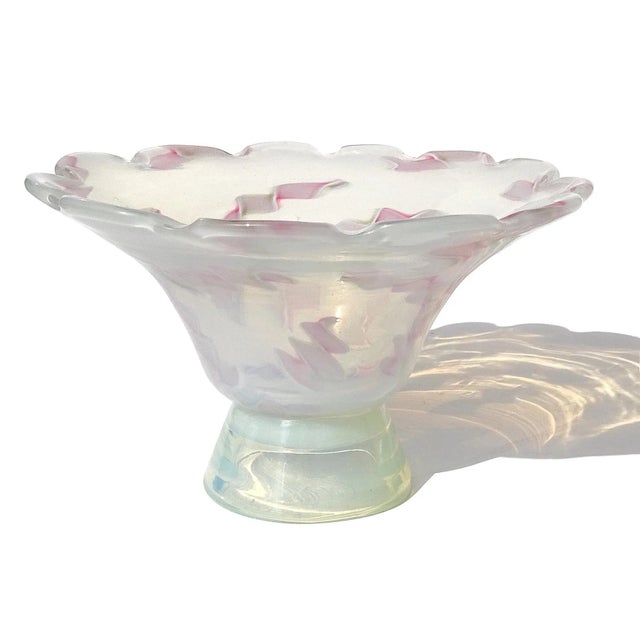 Abstract Murano Fratelli Toso Opalescent Pink Aventurine Ribbons Vintage Italian Art Glass Footed Bowl For Sale - Image 3 of 9