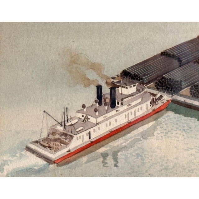 American Robert Wathen Signed Watercolor and Gouache Painting of Steam Boat Pushing Pipe Barges on Ohio River For Sale - Image 3 of 10