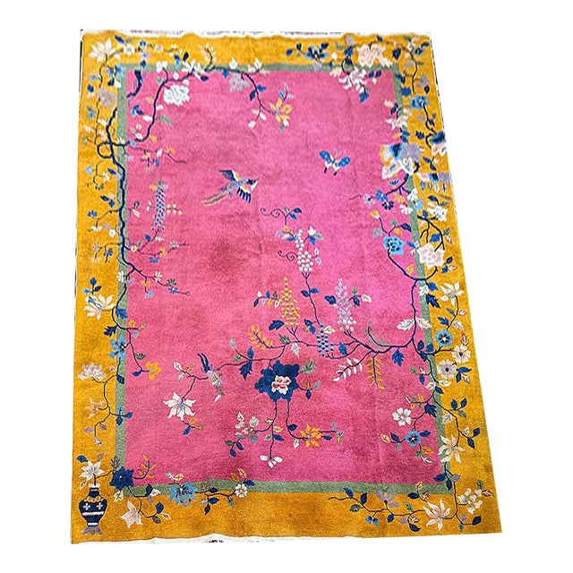 A Sensational Antique 7' X 10' Purple/Rose/Gold Art Deco Chinese Rug Ca 1920 For Sale