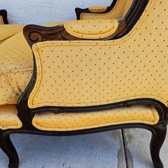 1970s Pierre Deux Style French Country Provincial Bergere Lounge Chairs & Ottoman Pair For Sale - Image 5 of 18