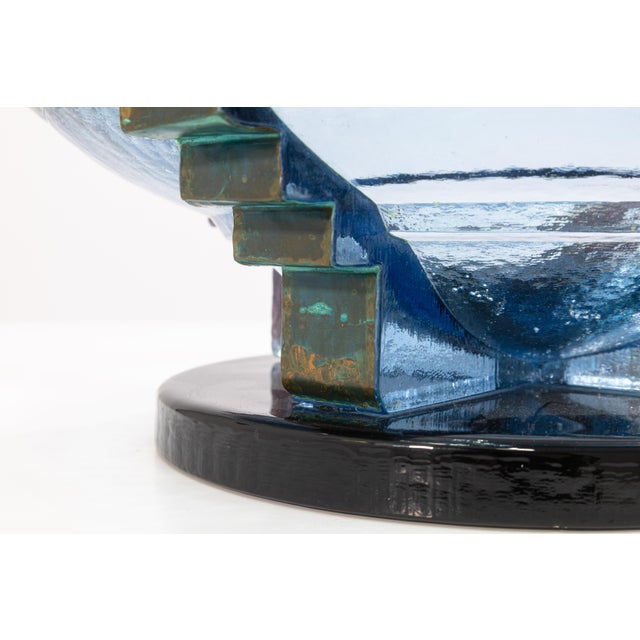 John Lewis Blue Glass Bowl or Vessel With Metal Detailing Postmodern Art Glass For Sale - Image 4 of 6
