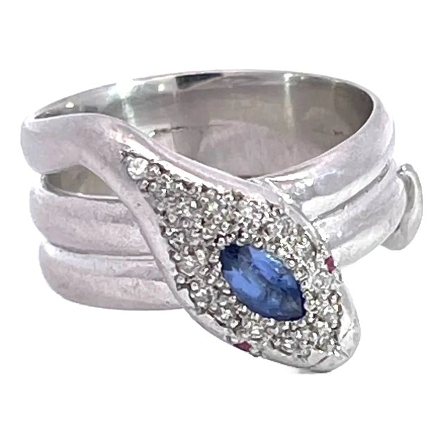 1960s 18k White Gold Diamond Tanzanite Head Snake Ring For Sale