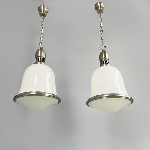 Mid-Century Italian Modern Hanging Lights in Opaline Glass and Metal, 1960s, Set of 2 For Sale - Image 4 of 16