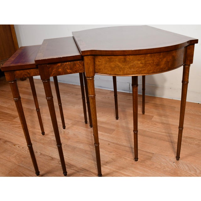 1960s Vintage Baker Furniture English Mahogany Burl Wood Nesting Tables Tiered Set For Sale - Image 6 of 13