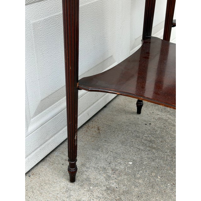 Pair of Vintage Hepplewhite Style Mahogany Side Tables With Pierced Galleries and Lower Shelves For Sale In New York - Image 6 of 12