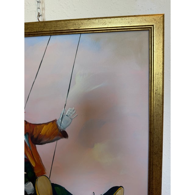 Red Late 20th Century Oil Painting Clown on Swing Signed L. Angeli Colorful Figurative Art Circus For Sale - Image 8 of 12