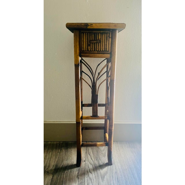 Vintage Tortoiseshell Rattan Plant Stand Side End Table With Drawer For Sale - Image 4 of 11