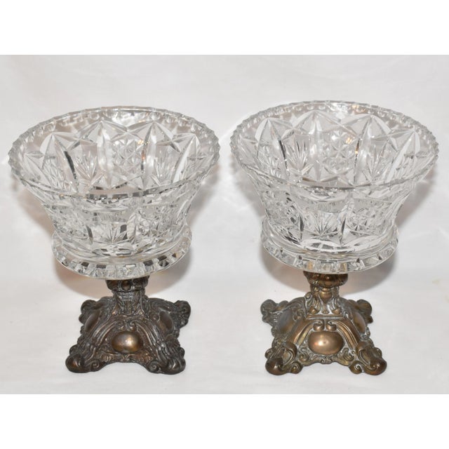 Pair Mid Century Modern Crystal Glass Compotes With Brass Bases Elegant Cut Crystal Pedestal Bowls For Sale - Image 4 of 7