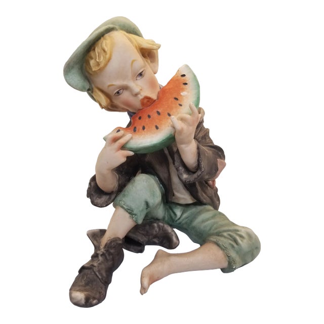 Vintage Boy Eating Watermelon Capodimonte Melon Porcelain Hand Painted Figurine Numbered For Sale