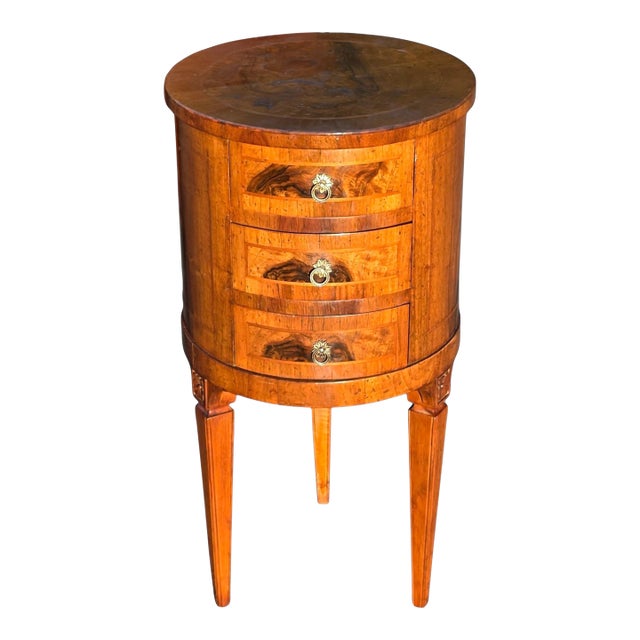 Antique Late 19th Century Italian Louis XVI Style Round Walnut W/Inlay 3-Drawer Side Table For Sale