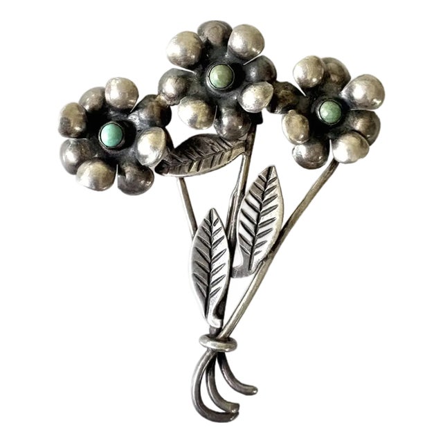 Vintage Sterling Silver and Turquoise Triple Flower Stem Brooch For Sale
