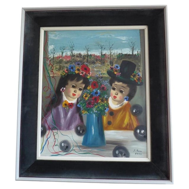 S. Reno, Portrait of Two Children, 1960s, Oil Painting on Canvas, Framed For Sale - Image 14 of 14