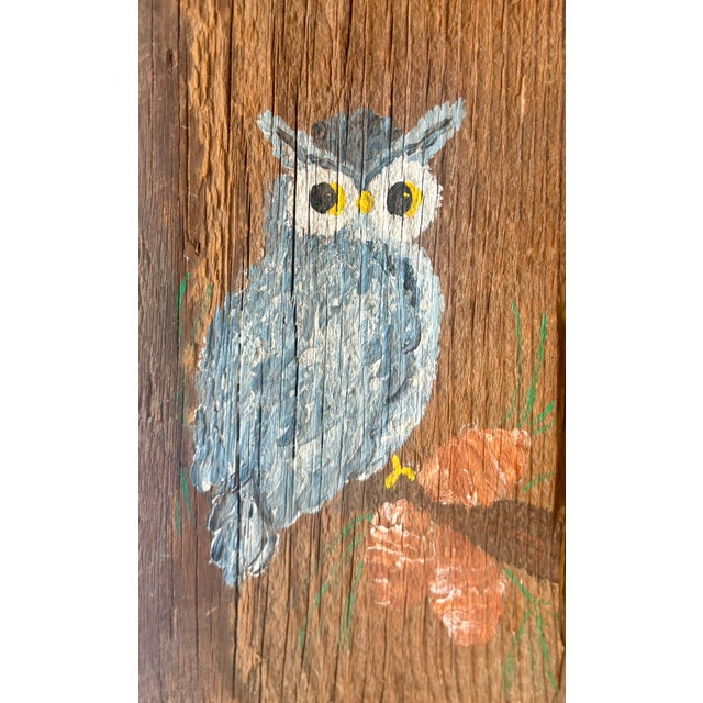 Wood Late 20th Century Folk Art Owl Paintings on Reclaimed Wood, a Pair For Sale - Image 7 of 9
