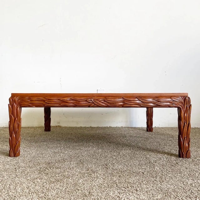 Hand Carved Wooden Leaves Square Coffee Table For Sale In Miami - Image 6 of 12