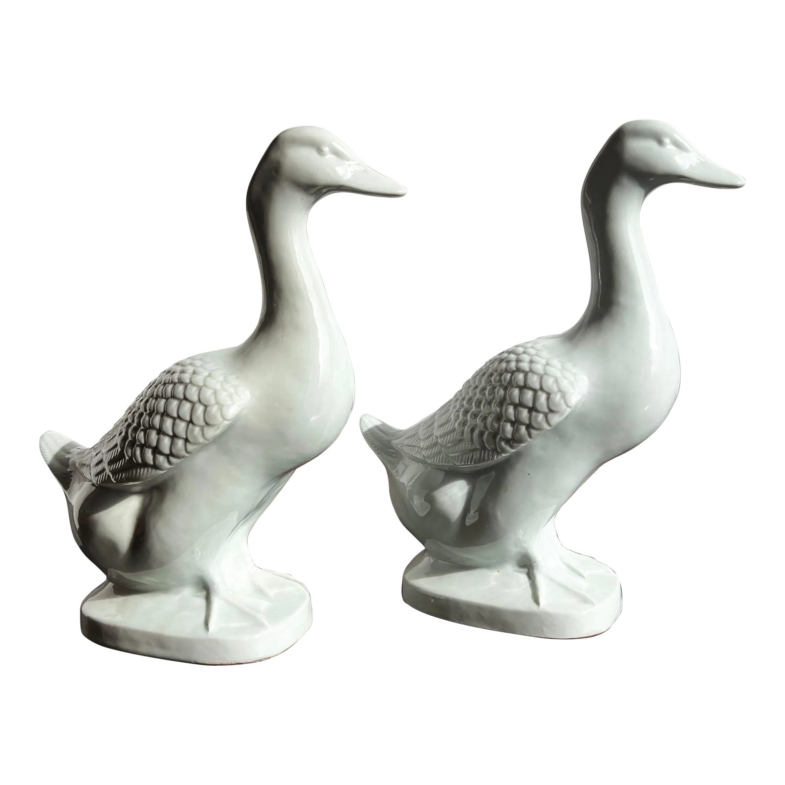 Vintage 14" Chinese Celadon Porcelain Ceramic Duck Figures - a Pair