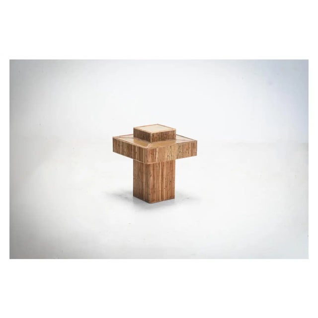 Mid-Century Modern Rattan & Patinated Brass Prism Side Table/ Coffee Table For Sale - Image 3 of 5