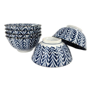 Japanese Hand Painted Blue & White Porcelain Soup Bowls With Botanical Leaf Pattern - Set of 6 For Sale