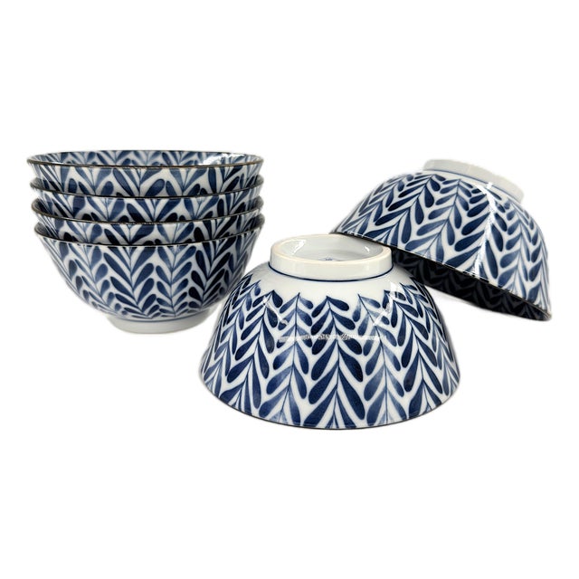 Japanese Hand Painted Blue & White Porcelain Soup Bowls With Botanical Leaf Pattern - Set of 6 For Sale