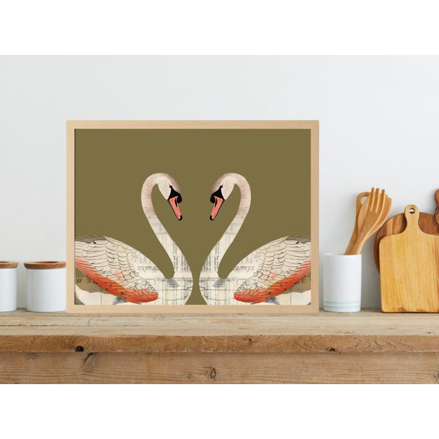 Contemporary Summer Love Swans Art Print 24 X 30 in Natural Wood Frame With Neutral Gray-Brown-Green Background For Sale - Image 3 of 3