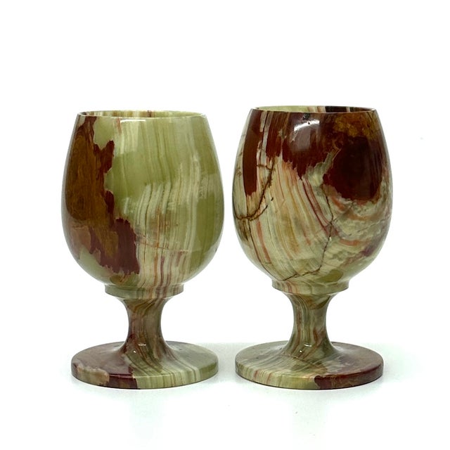 Mid-Century Modern Striking Green & Brown Natural Stone Goblets - A Pair For Sale - Image 3 of 7