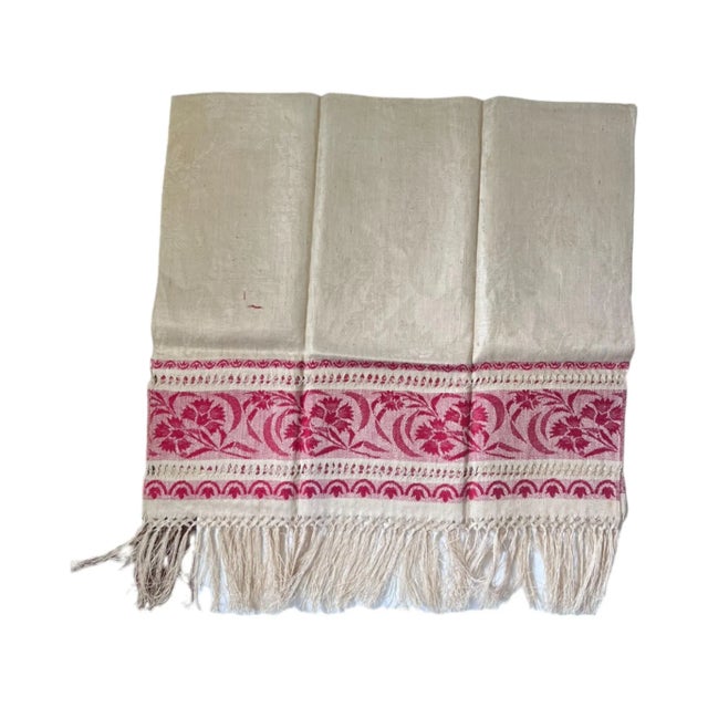 Victorian Victorian Turkey Red and Natural Linen Damask Fringed Table Runner Textile For Sale - Image 3 of 7