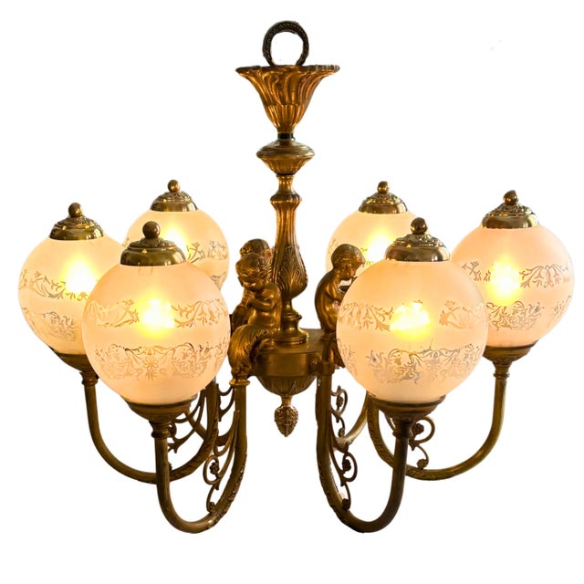 Gold Antique Louis XV French Gilt Bronze Figural Chandelier with 6 Etched Globes, 1890 For Sale - Image 8 of 8