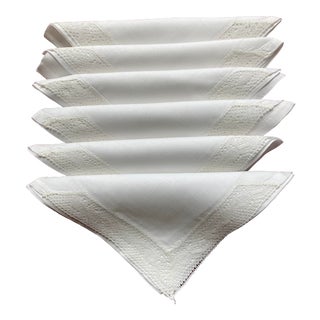 Vintage White Linen Cocktail Napkins- Set of 6 For Sale