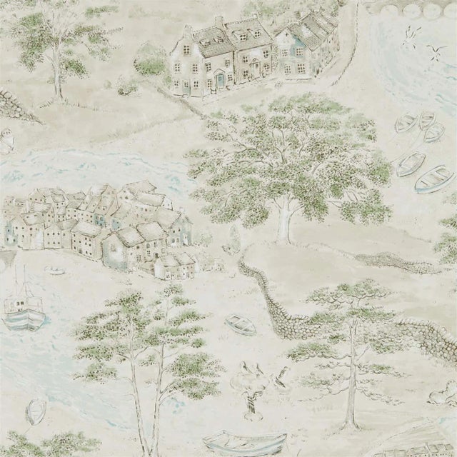 Sanderson Sea Houses Wallpaper in Green/Sand For Sale