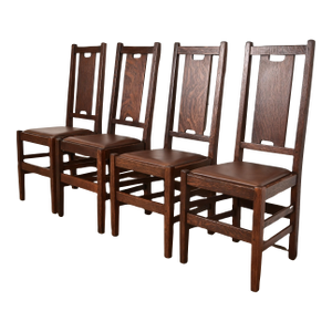 Gustav Stickley Antique Mission Oak Arts & Crafts H-Back Dining Chairs With Leather Seats, Set of Four
