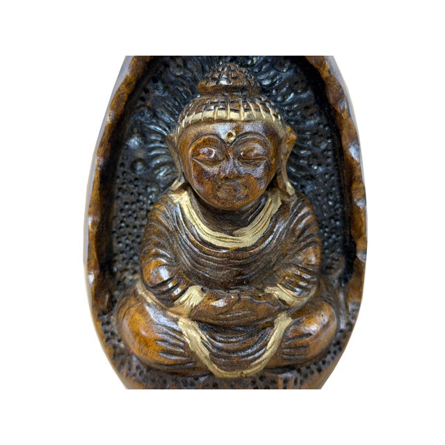 Copper Vintage Oval Egg Shape Wood Relief Carved Buddha Meditation Figure For Sale - Image 8 of 8