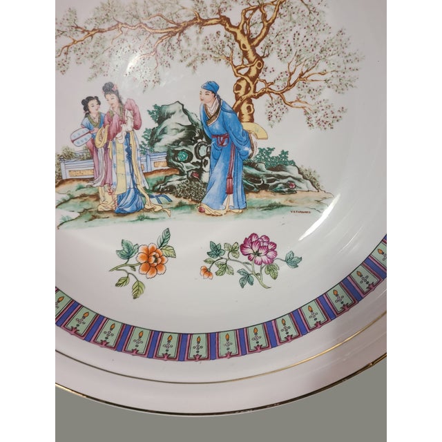 Vintage Chinoiserie Famille Rose Hand Painted Figural Large Serving Bowl For Sale - Image 6 of 11