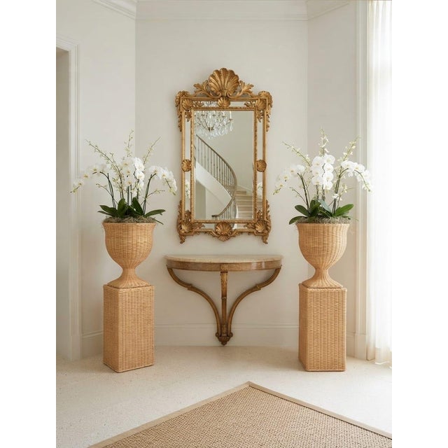 Champagne Pair of Vintage Natural Wicker Urn Planters With Pedestal Plinths For Sale - Image 8 of 12