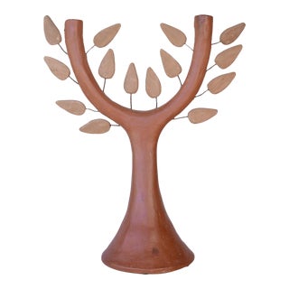 Vintage Mexican Folk Art Pottery Tree of Life Candelabra For Sale
