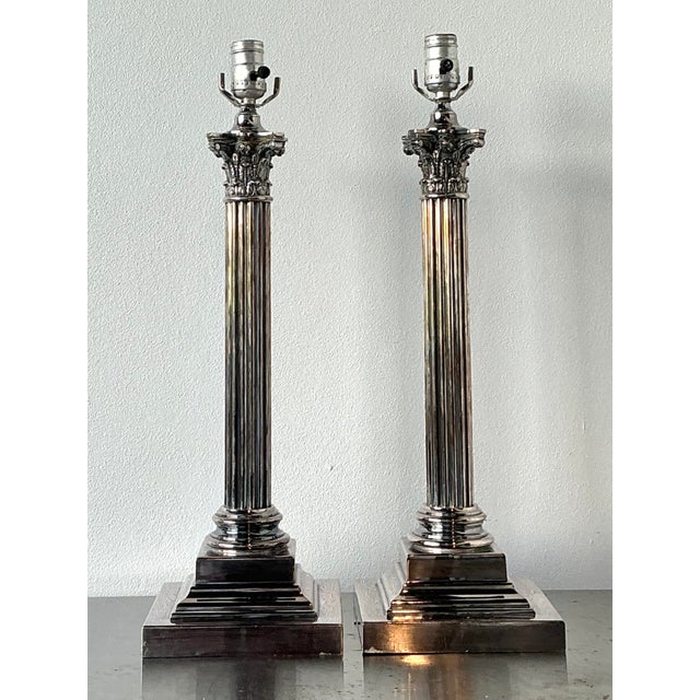 Mid 20th Century Vintage Stamped English Silver Corinthian Column Candlestick Lamps - A Pair For Sale - Image 5 of 11