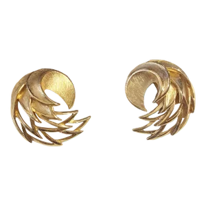 Vintage Signed Crown Trifari "Feather" Clip Earrings