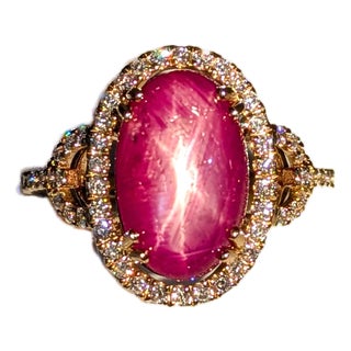 5.9Ct Oval Star Ruby Ring With Natural Diamond Accents in Solid 14k Gold, Size 6.75 For Sale