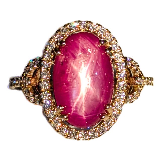 5.9Ct Oval Star Ruby Ring With Natural Diamond Accents in Solid 14k Gold, Size 6.75 For Sale