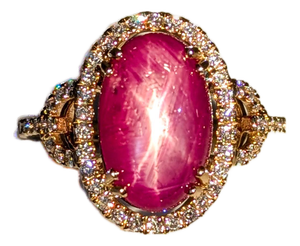 5.9Ct Oval Star Ruby Ring With Natural Diamond Accents in Solid 14k Gold, Size 6.75