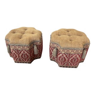 1990s Vintage Red and Gold Chenille Fabric Ottomans With Tassles - a Pair For Sale