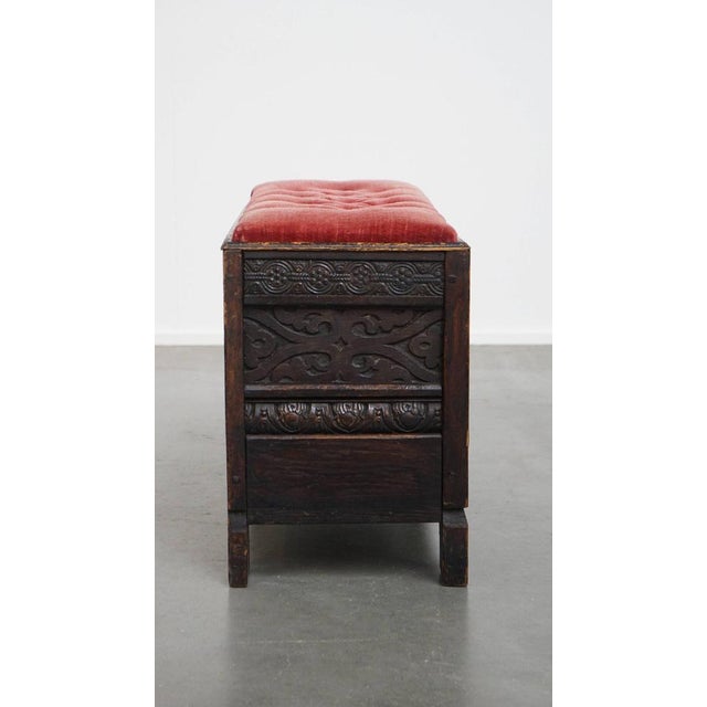 English Bench with Wood Carvings and Red Fabric Padded Seat For Sale - Image 3 of 12