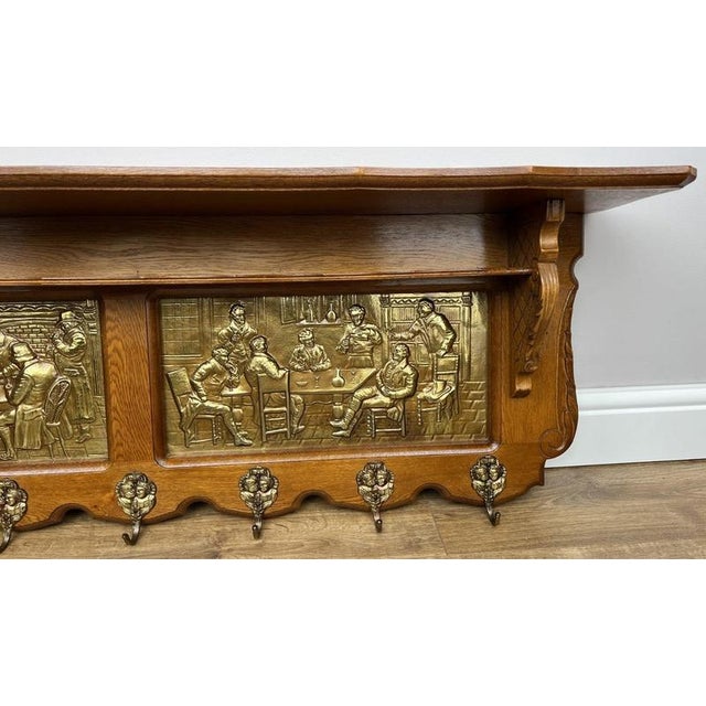 Vintage French Oak 7-Hook Coat Rack with Brass Panel For Sale - Image 6 of 10