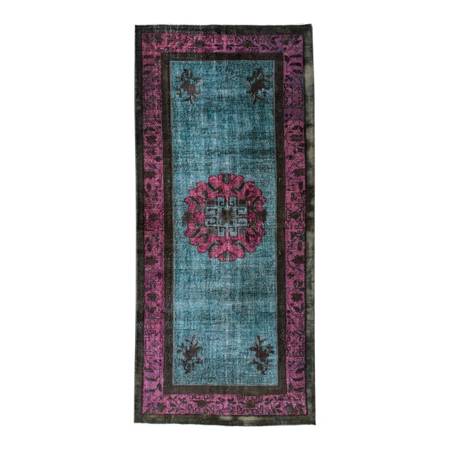 1960s Vintage Turkish Revival Overdyed Handmade Teal Medallion Wool Runner For Sale