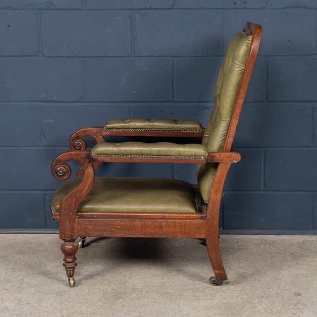 Antique English Mahogany Reclining Armchair with Green Leather Upholstery, 19th Century For Sale - Image 6 of 18